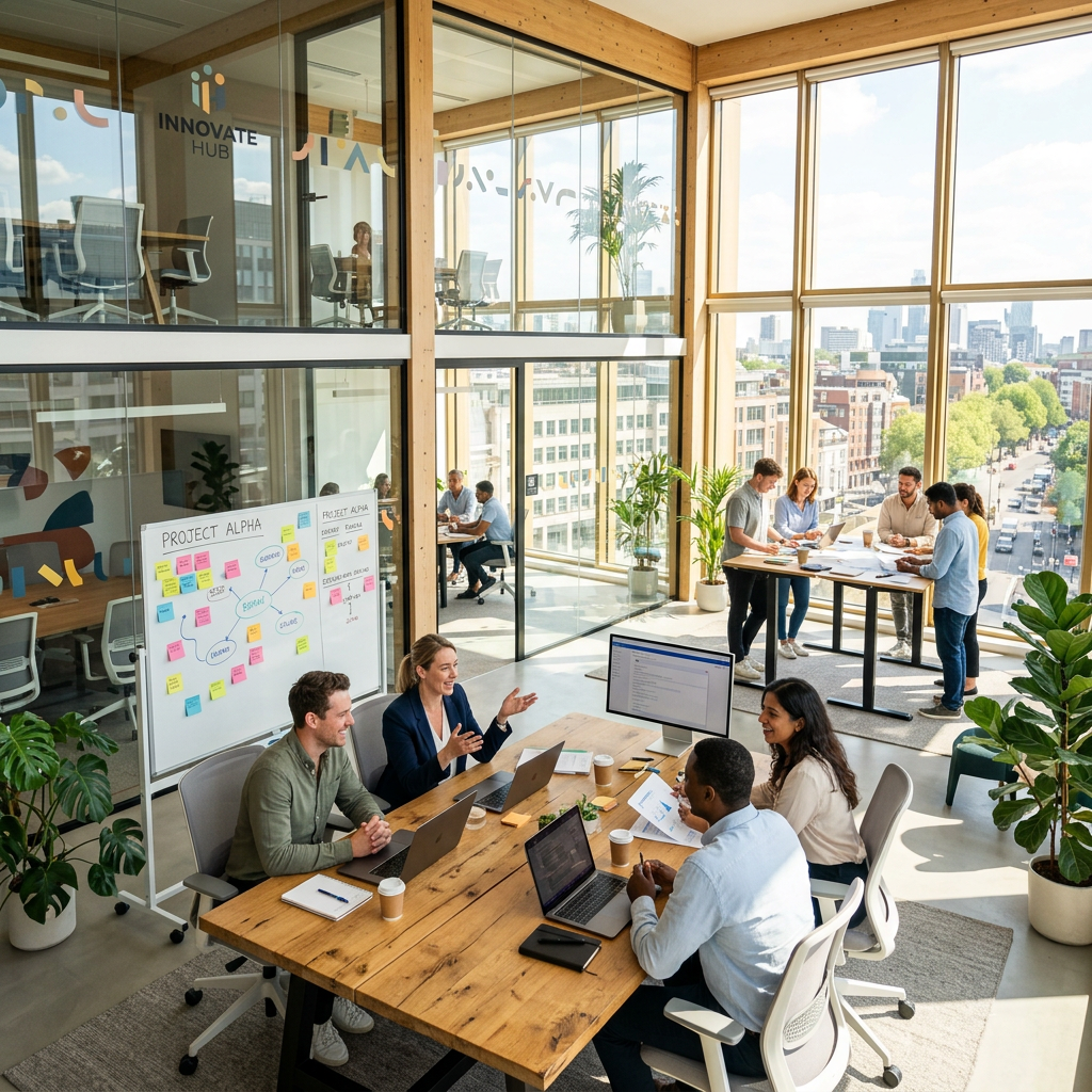 Colleagues working together at a table in a bright office with city view
